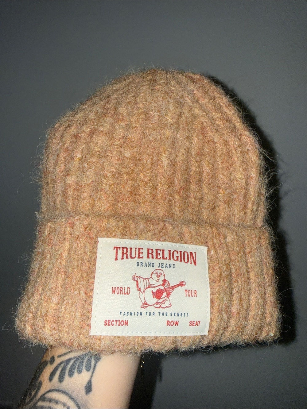 True Religion Tan-Tone Ribbed Knit Cuffed Beanie